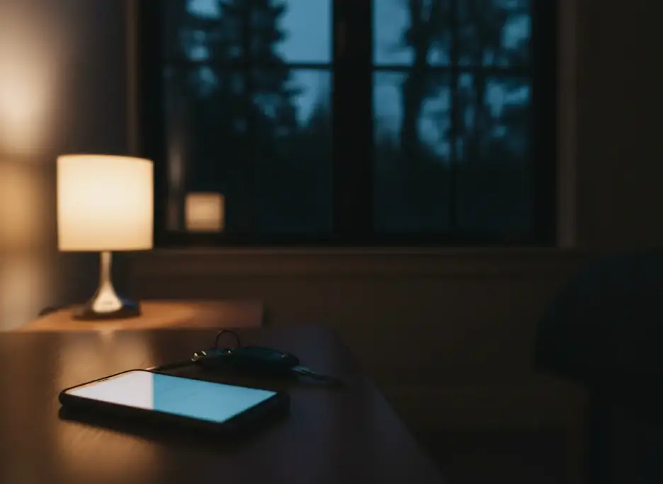 A phone and car keys on a bedside table at night under a lamp