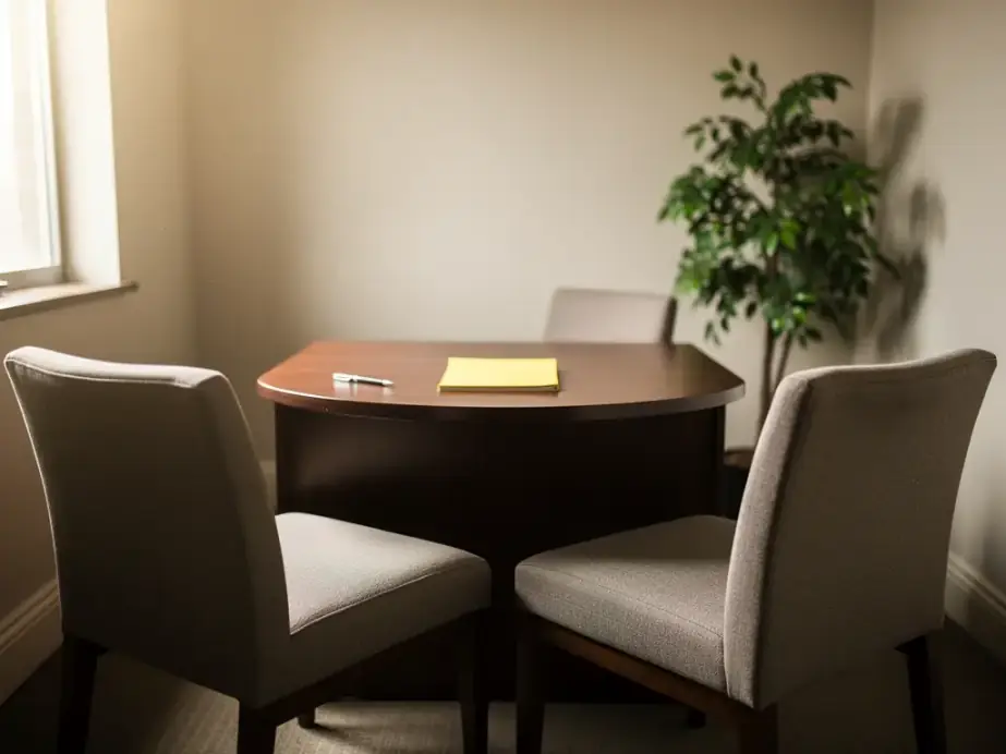 Two client chairs facing a small walnut desk with a blank legal pad