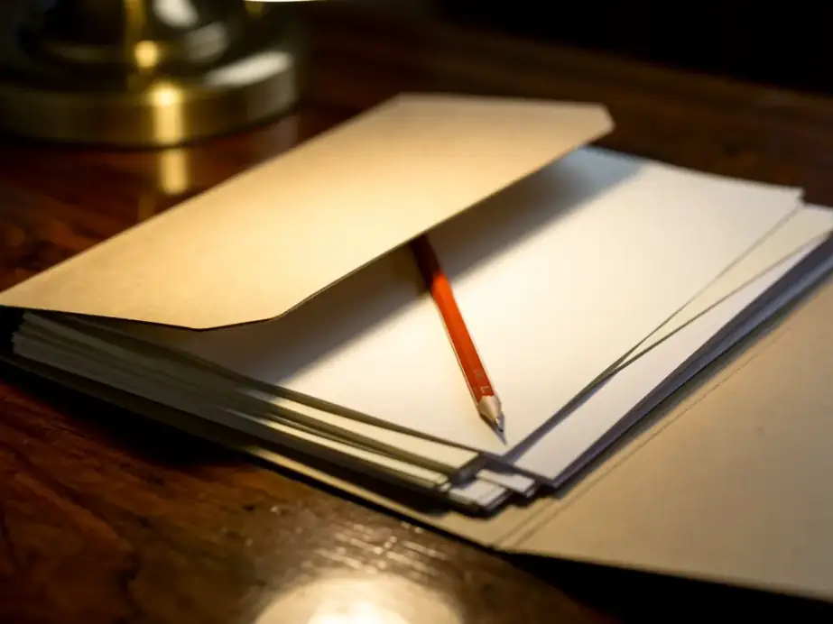 A manila case folder open under a brass desk lamp with a red pencil